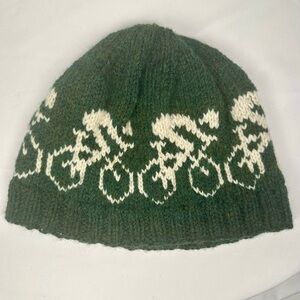 Green Knit Beanie with White Bicycle Pattern